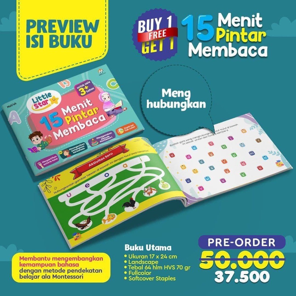 Buku 15 Menit Pintar Membaca [Little Star] - Bonus Buku Menulis dan Berhitung - Original Full Color