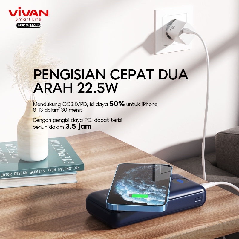 VIVAN Powerbank 20000 mAh VPB-W20 Wireless 3 Output Fast Charging 15W QC3.0 PD Support Smartphone All Type - Garansi 1 Tahun