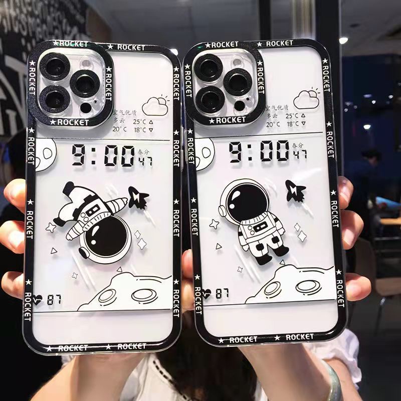 Transparan Hitam dan Putih Pola Astronot Casing Ponsel untuk iPhone 12 13 11 Pro Max X Xs Max Xr 7 8 Plus Casing Silikon Hbyh