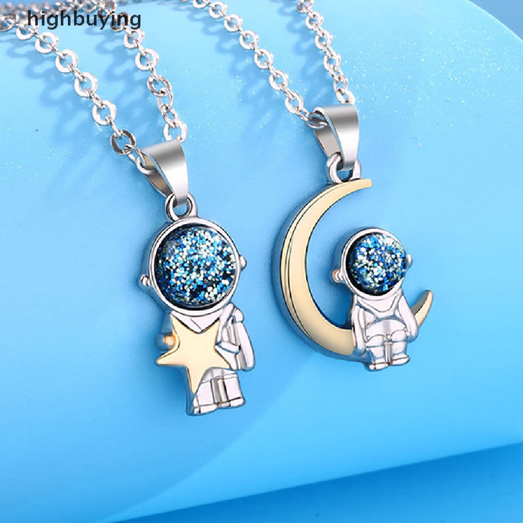 Hbid 1 Pasang Kalung Rantai Liontin Astronot Bahan Titanium Steel Warna Silver Romantis Untuk Pasangan