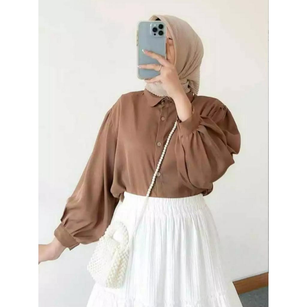 Elze Blouse Lengan Balon  Korean Style Atasan Kemeja Blus Crop Top Lengan Puffy Bahan Shakila Twill 