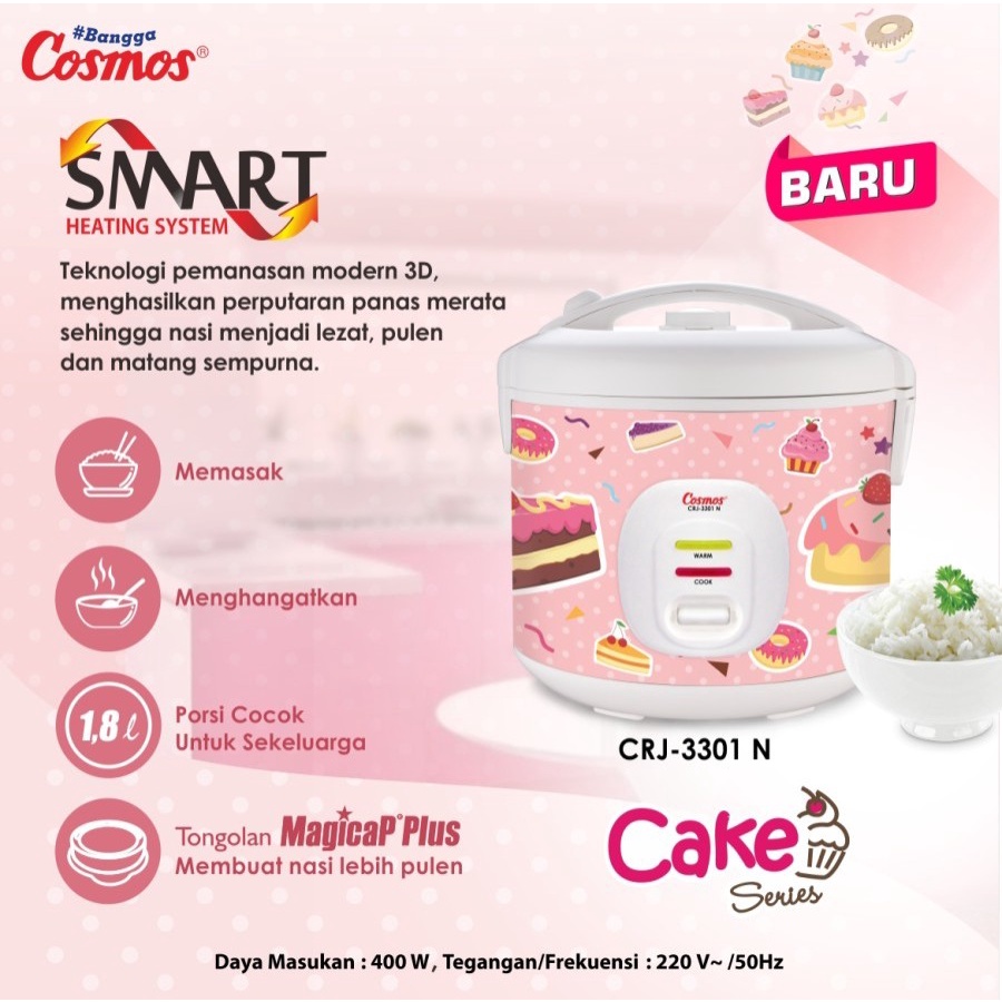 Cosmos CRJ-3301 N - Rice Cooker 1.8 L-2IN1 memasak dan menghangatkan