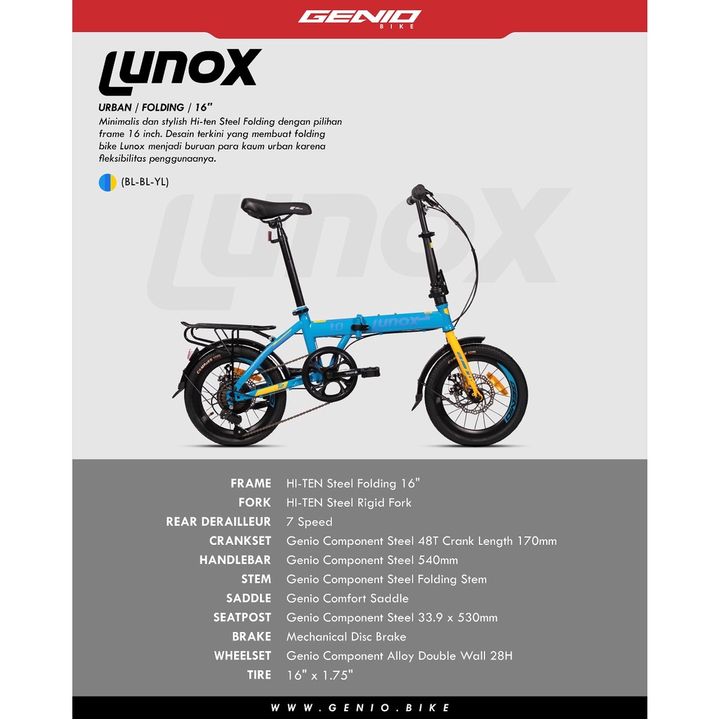 Sepeda Lipat Genio Folding Lunox 1.0 size by United SNI Garansi Resmi COD bisa Kredit 16 dan 20 inch-Blue Blue Yellow