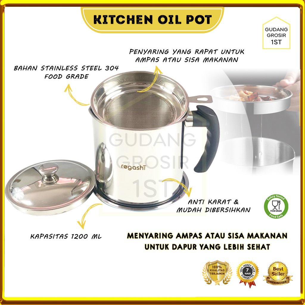 Wadah Saringan Minyak Goreng Anti Karat Gagang Anti Panas / Tempat Minyak / Tempat Tampung Minyak Bekas / Tempat Bekas Minyak / Stainless Steel 304 Kitchen Oil Pot / Saringan Minyak