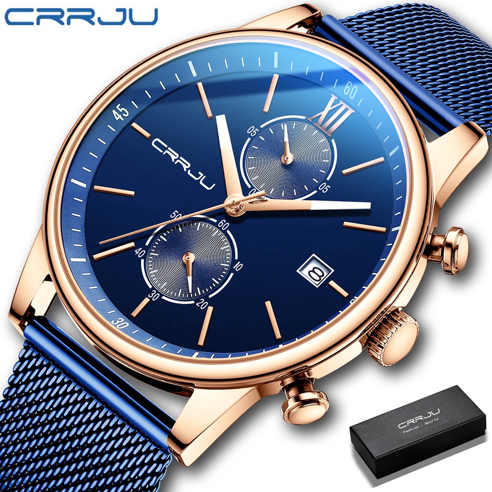 CRRJU Jam Tangan Pria Kemewahan Tertinggi Sport Chrono Jam Fashion Besi Tahan Karat Anti Air Jam Tangan Men Watch