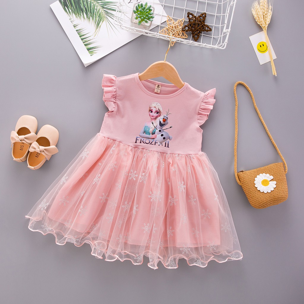 Dress princess perempuan frozen gaun anak cewek lengan pendek+rok kasa import ELSA OLAF SALJU-2
