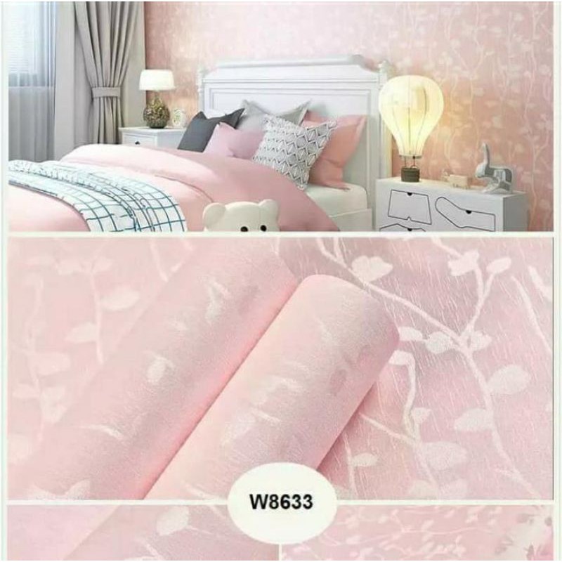 Wallpaper stiker dinding motif pink polos tekstur daun rambat