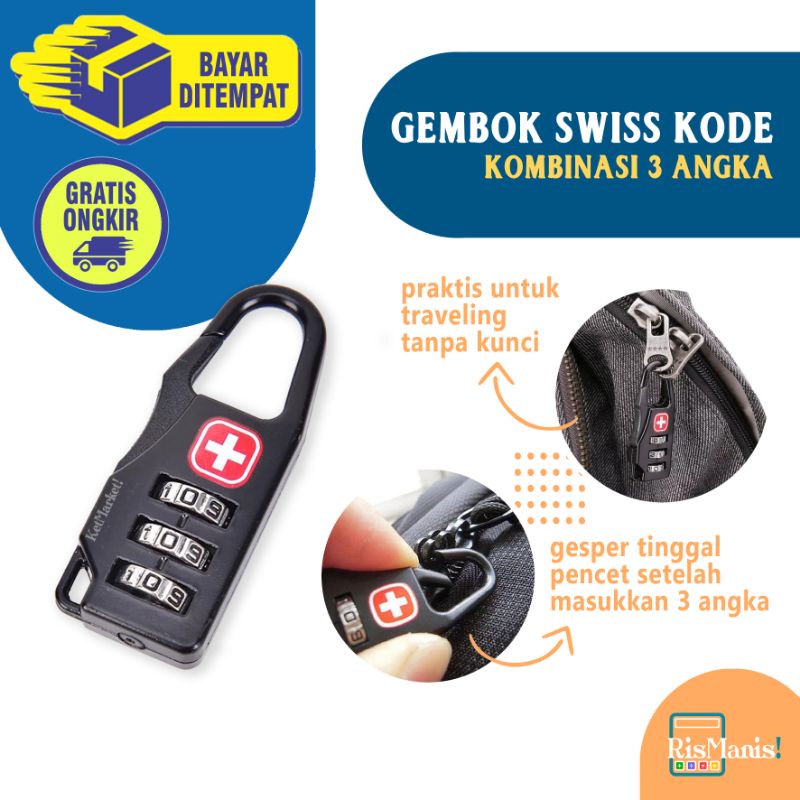 TRAVEL ZIPPER PADLOCK - Gembok Swiss Kuat Kombinasi Angka Kode Rahasia Koper Ransel Liburan Aman