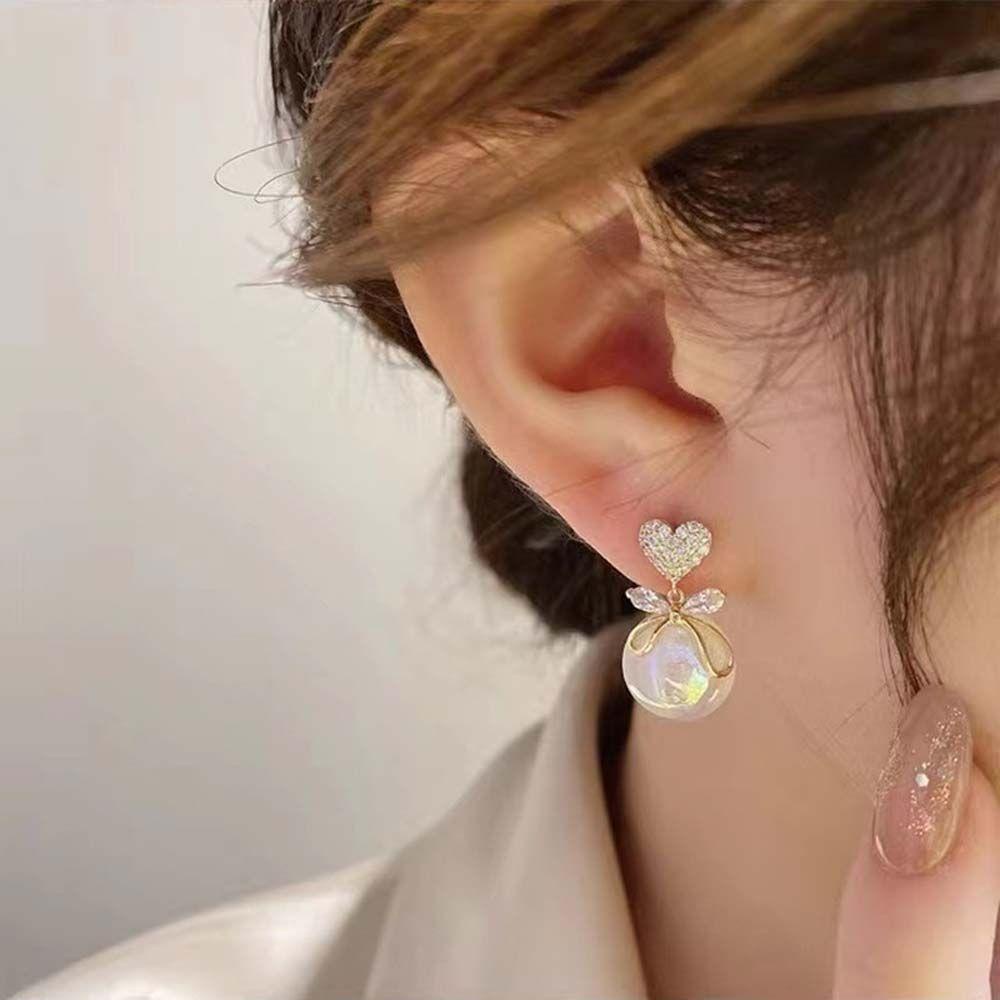 Needway   Busur Menjuntai Anting Trendi Cinta Hati Mutiara Imitasi Perempuan Geometris Aksesoris Telinga Korea Ear Stud