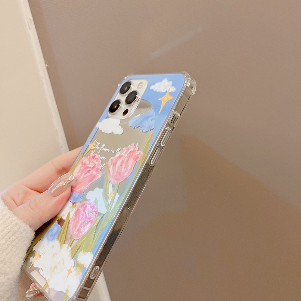 IPHONE Ins Phone Cover Blooming Tulip Mirror Case Untuk Iphone7 8 PLUS X XR XS 11 12 13 14 MINI PRO MAX SE 2020 Pelindung Tahan Guncangan