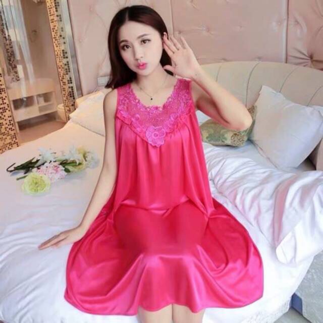 SH210 Baju Tidur Dress Baby Doll Piyama Satin Sutra Motif Happy / Pakaian Tidur Lembut