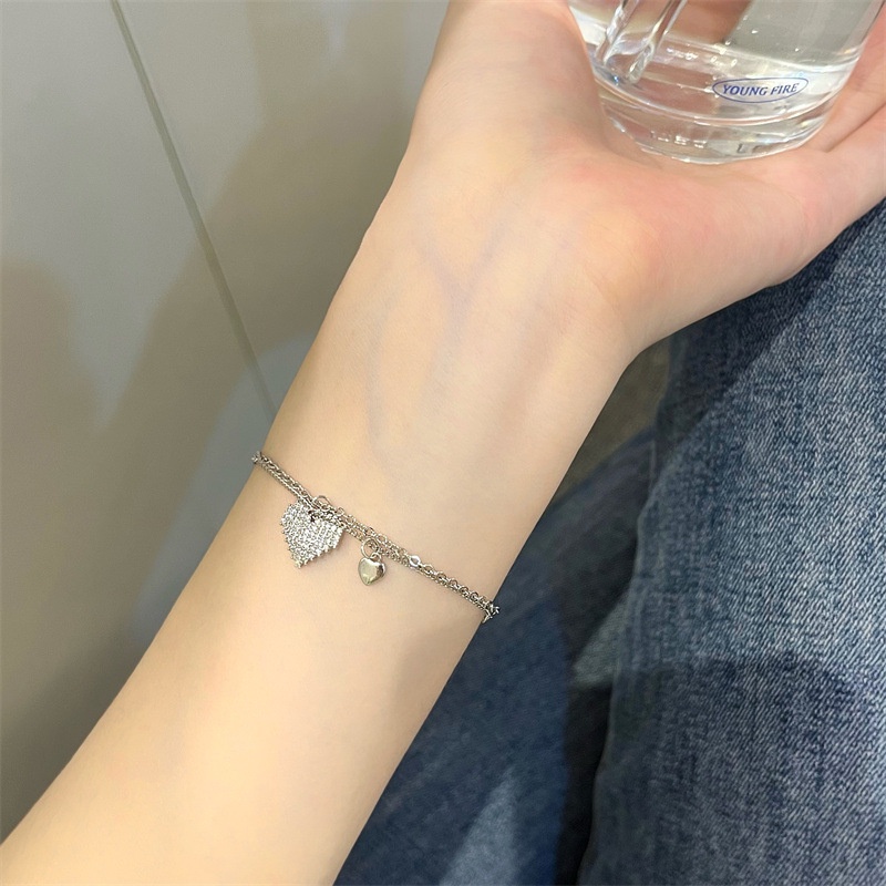 Gelang 925 Silver Double Layer Bentuk Hati Aksen Berlian Imitasi Untuk Wanita