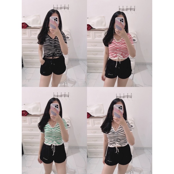 Croptop salur knit serut depan | atasan rajut salur | top rajut serut depan | atasan import | korean fashion wanita | aquarius boutique89 grosir