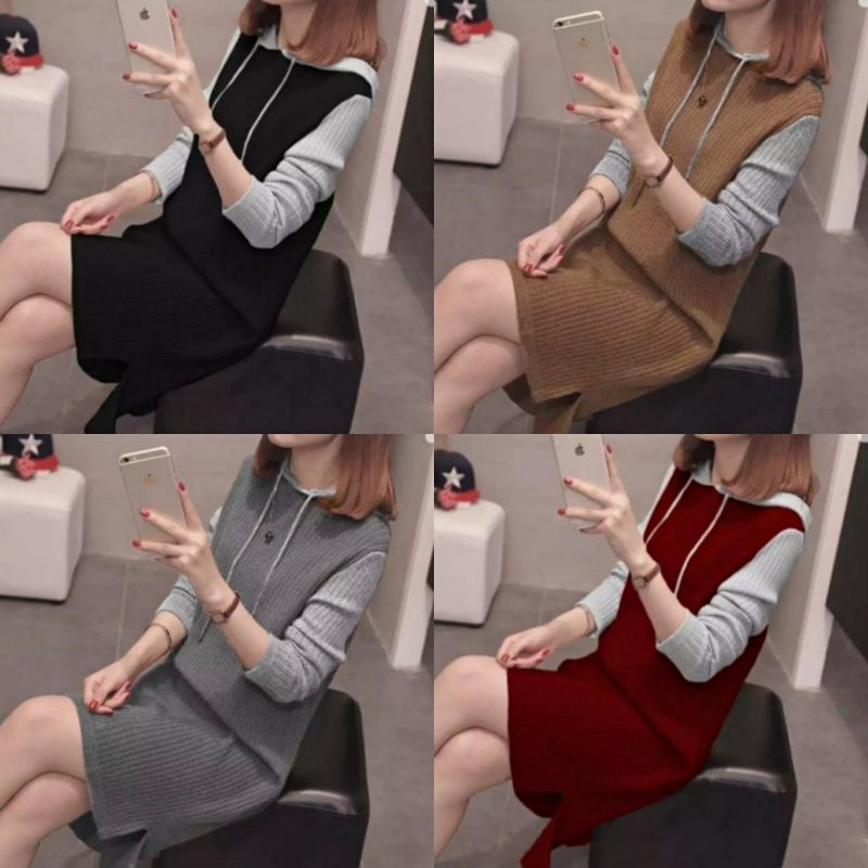 MDLV ~ TUNIK COMBI RAJUT ATASAN RAJUT COMBI HODIE BAJU RAJUT LENGAN PANJANG FASHION WANITA