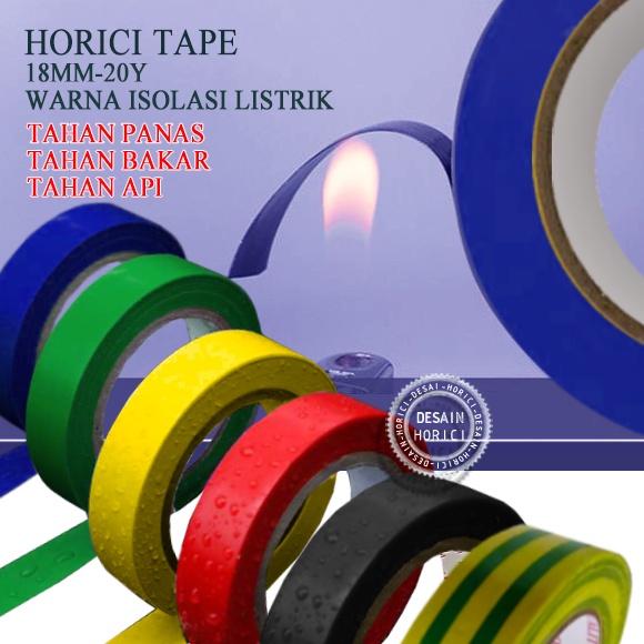 HORICI TAPE 18*20Y ISOLASI LISTRIK PVC HITAM/MERAH/KUNUNG/HIJAU/BIRU/KUNING+