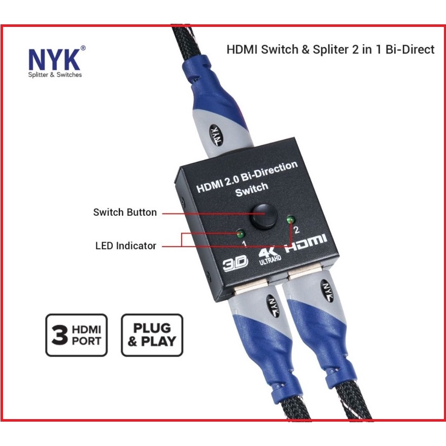 NYK HDMI Switch + Splitter 2 in 1 Bi-Direct 2 Port 4K - 2K