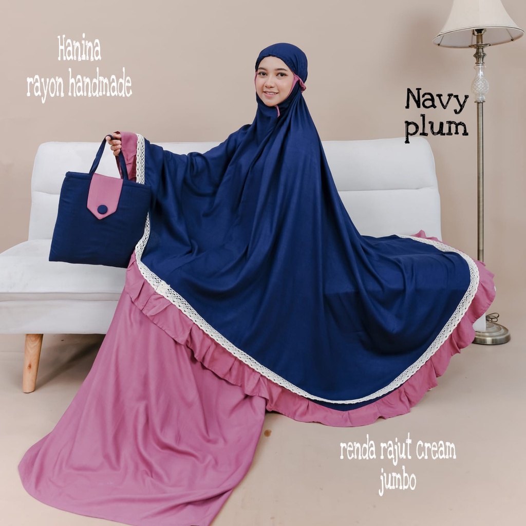 Mukena Hanina Rayon Bawahan Plum Atasan 5 Variasi Warna Renda Rajut Cream Jumbo Handmade Bali Polosan Mukenah High Quality - Dewasa