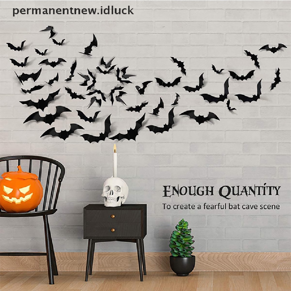 12 Pcs Stiker Desain Kelelawar 3D Warna Hitam Bahan PVC Untuk Dekorasi Pesta Halloween