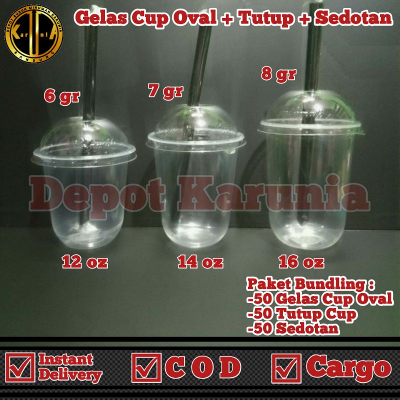 Paket 50pcs Gelas Cup Oval +50pcs tutup +50pcs Sedotan / Gelas Cup Plastik U Cup