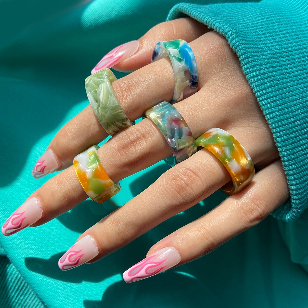 3Pcs/Set Fashion Colorful Rings Set Heart Chain Diamond Resin Alloy Ring Women Finger Ring Jewelry Accessories