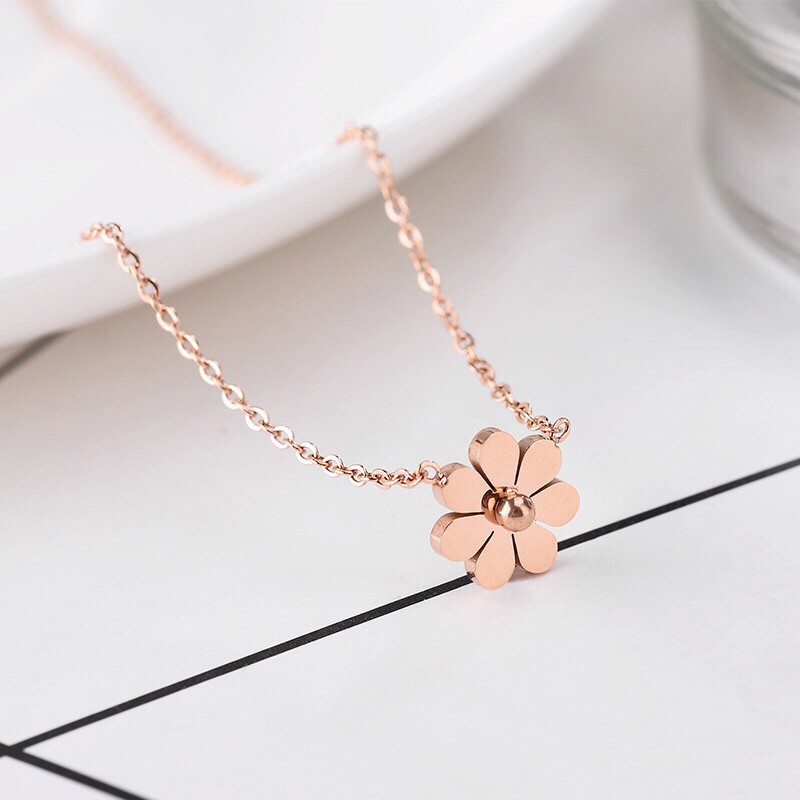 256# Kalung Wanita titanium lapis emas 18k model Tumbungan Bunga Kecil rosegold-7