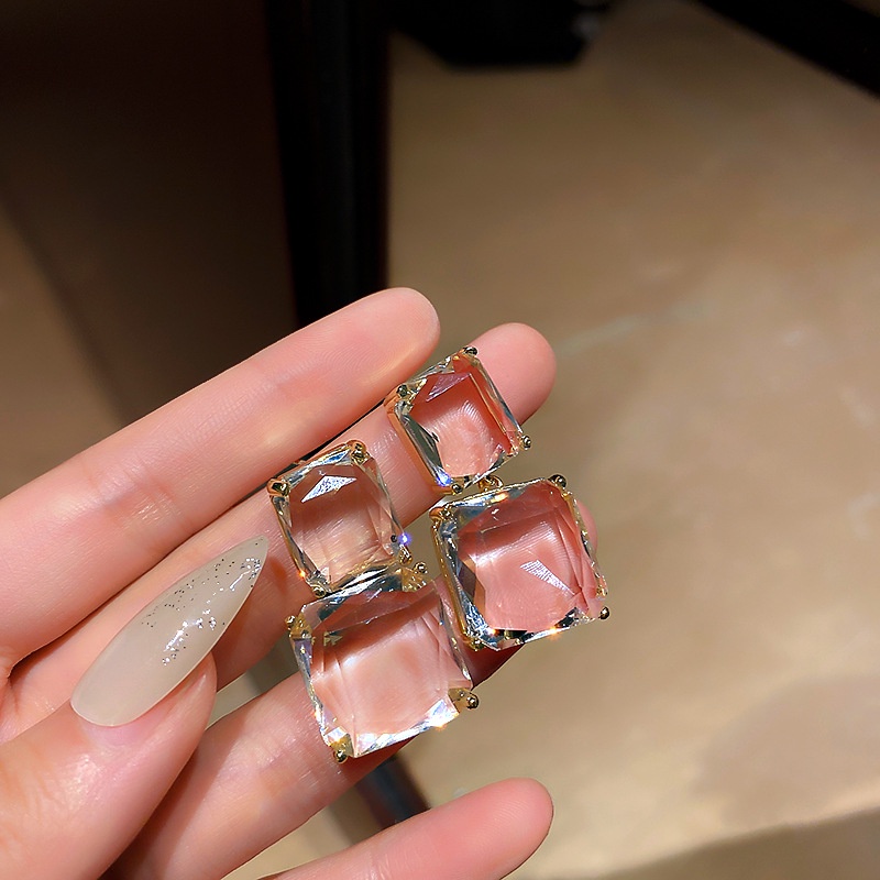 Anting Stud Bentuk Persegi Geometris Aksen Berlian Imitasi Transparan Untuk Wanita