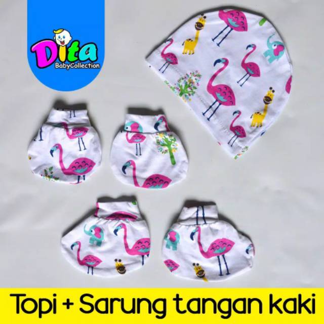 Set Topi Bayi Sarung Tangan Kaki bayi Motif Dita / Perlengkapan bayi, sarung tangan kaki bayi murah