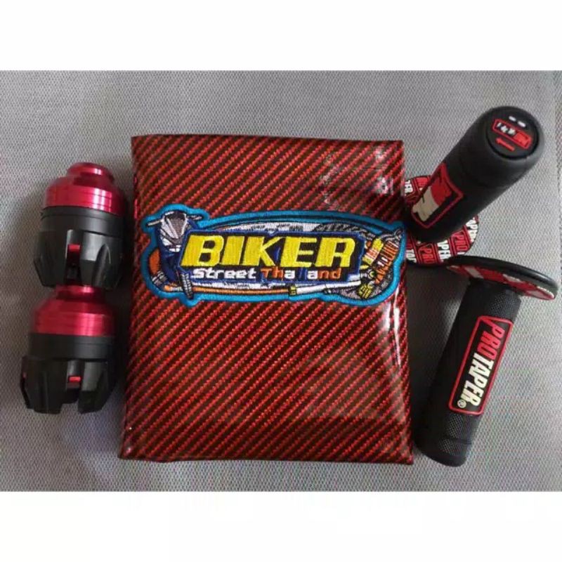 PAKET 3in1 Sarung jok Kulit Jok Karbon Biker Plus Jalu As Roda Depan Dan Hanfat protaper Warna MERAH Universal Semua Motor Bebek Matic Beat Scoopy Mio Fino Xeon Soul GT Vario Jupiter Supra Nouvo Spacy Genio X-rider Beat Fi Karbu Street Sporty 110 125 150