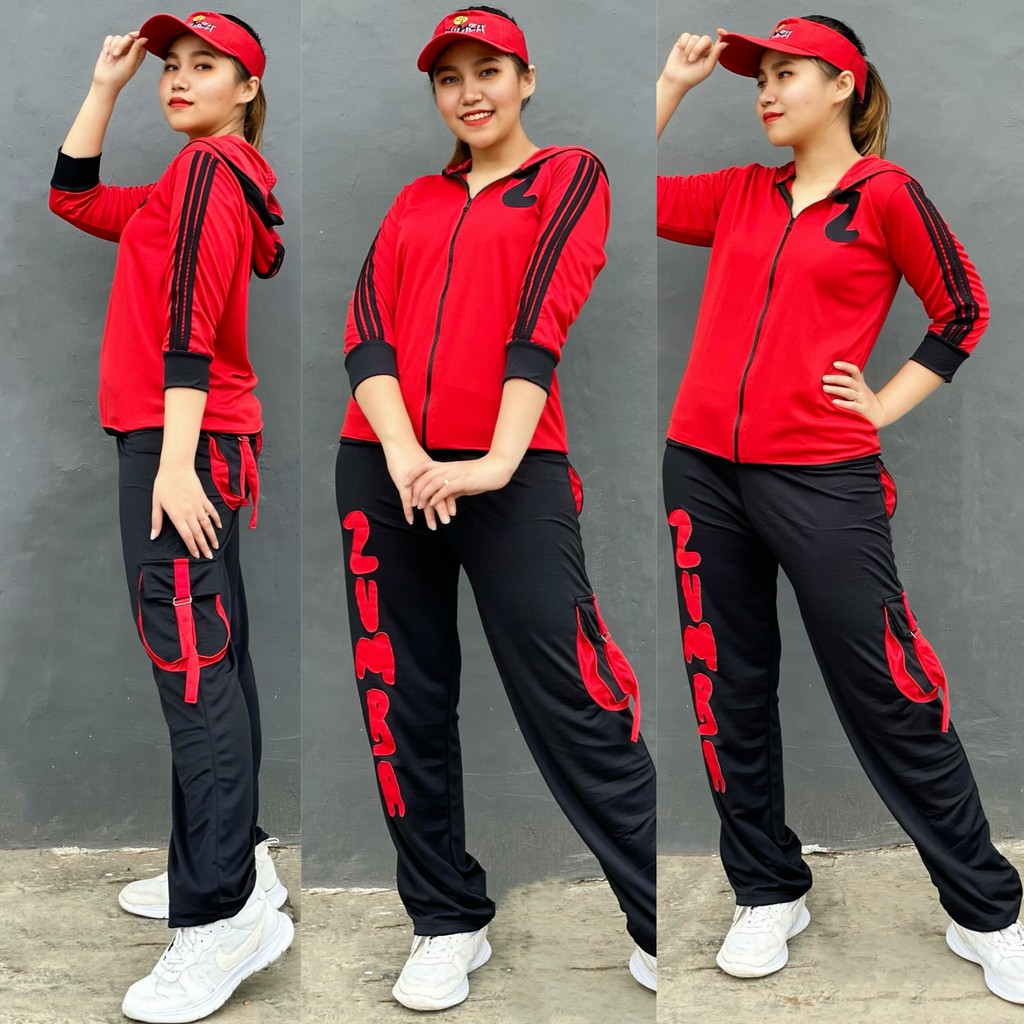 Baju Senam Aerobic Zumba Gym Fitness Olahraga Outdoor Panjang Muslim Z Merah Hitam