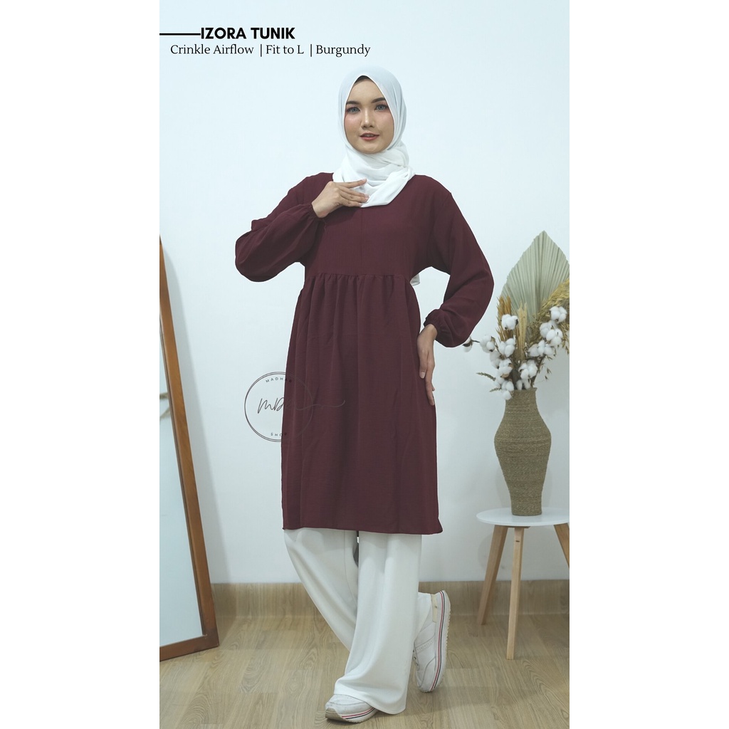 Izora Tunik Baju Atasan Wanita Muslim Busui Jumbo Polos Lengan Panjang Bahan Crinkle Airflow Premium Fit to L / Blouse Wanita Remaja Casual Korean Style  Kekinian 2022 / Fashion Wanita Muslim Terbaru Beraneka Warna