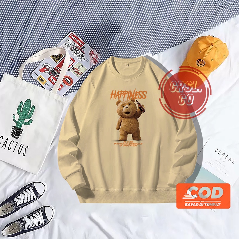 HOODIE SWEATER CREWNECK TEDDY BEAR HYAPPINESS CREAM KUALITAS DISTRO CASUAL MURAH TEBAL NYAMAN DI PAKAI COD