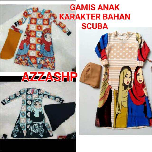 BISA COD/GAMIS ANAK KARAKTER HIJAB BAHAN SCUBA