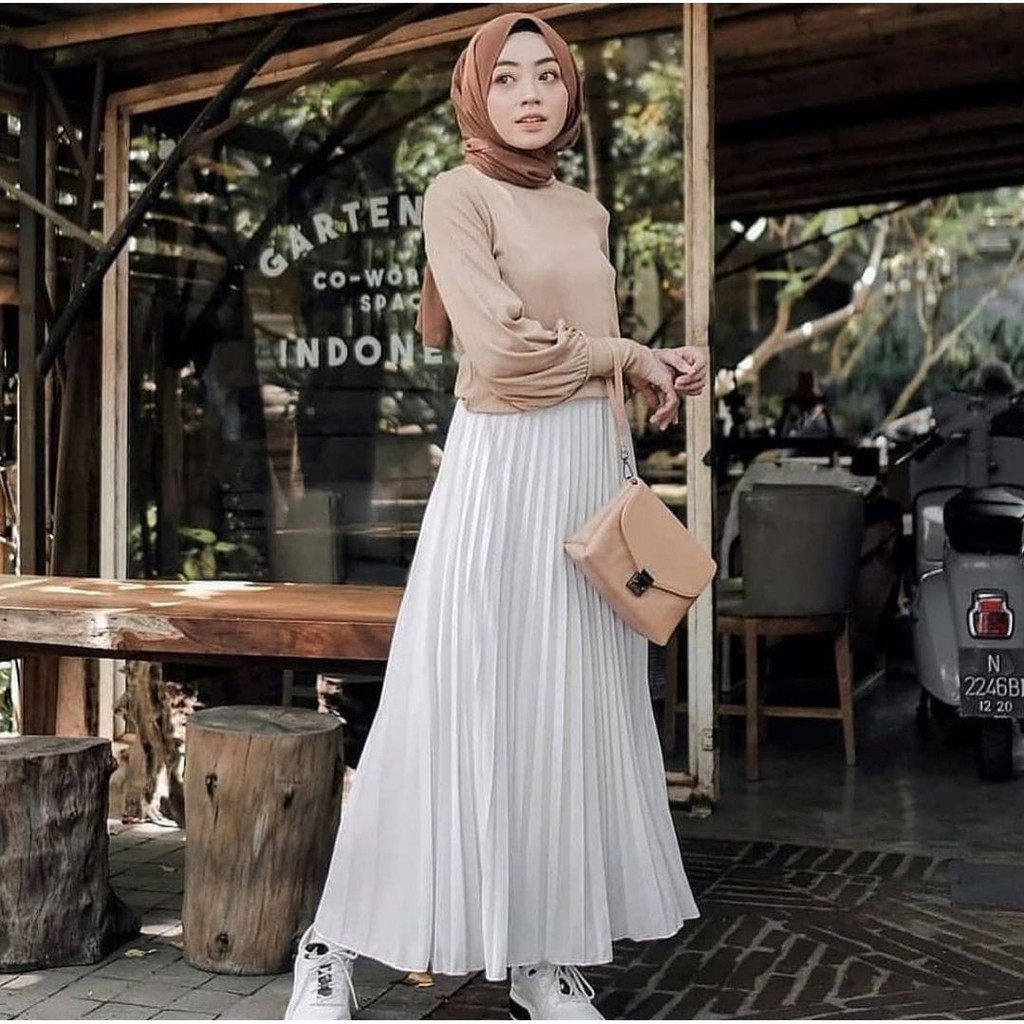 Rok Plisket Murah Panjang Bawahan Wanita Mayung Polos Skirt Flowy Muslimah