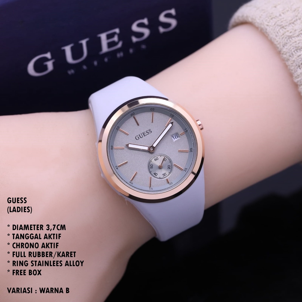 (BISA COD) JAM TANGAN WANITA GUESS TALI RUBBER BODY BULAT TANGGAL &amp; CHRONO AKTIF