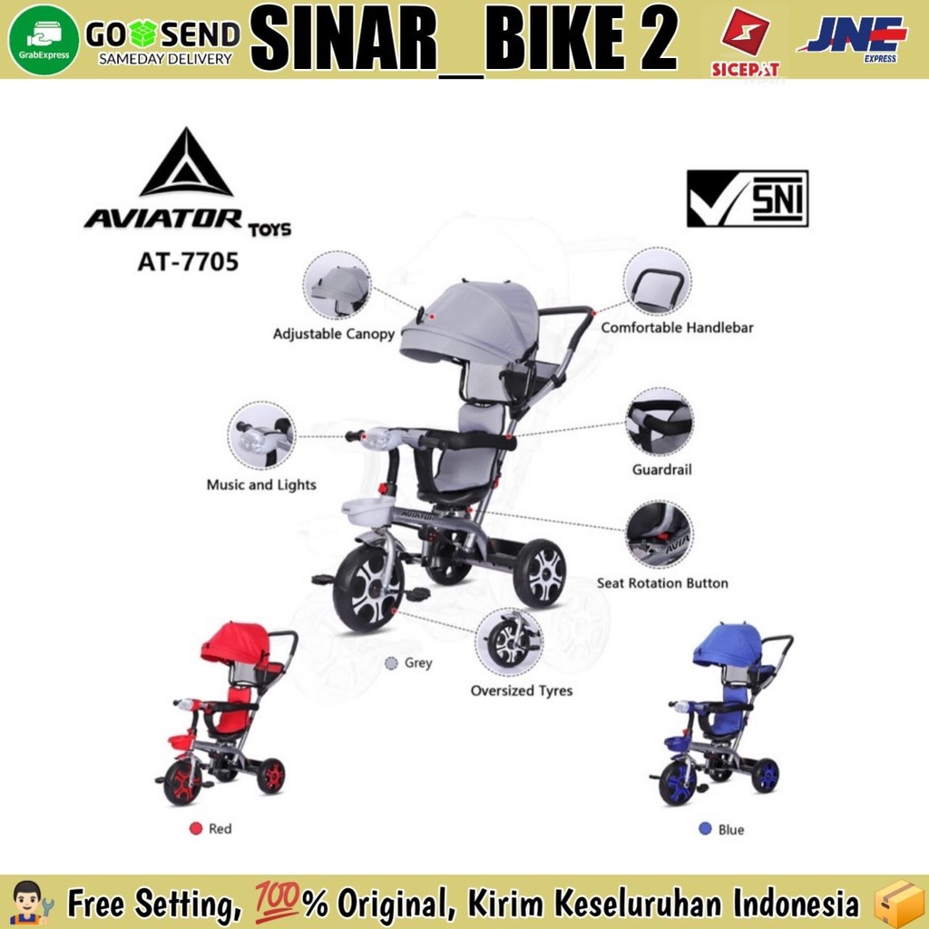 Sepeda Roda Tiga 3 AVIATOR AT-7705 Kursi Putar Musik Tricycle Anak