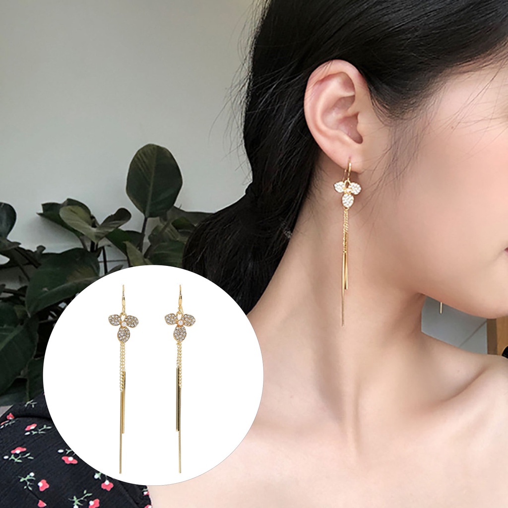 Hu Hu Hu Hu Hu Alat Bantu Pasang Kacamata♡ 1 Pasang Anting Rumbai Panjang Desain Tiga Daun Kelopak Bunga Anti Karat Untuk Wanita