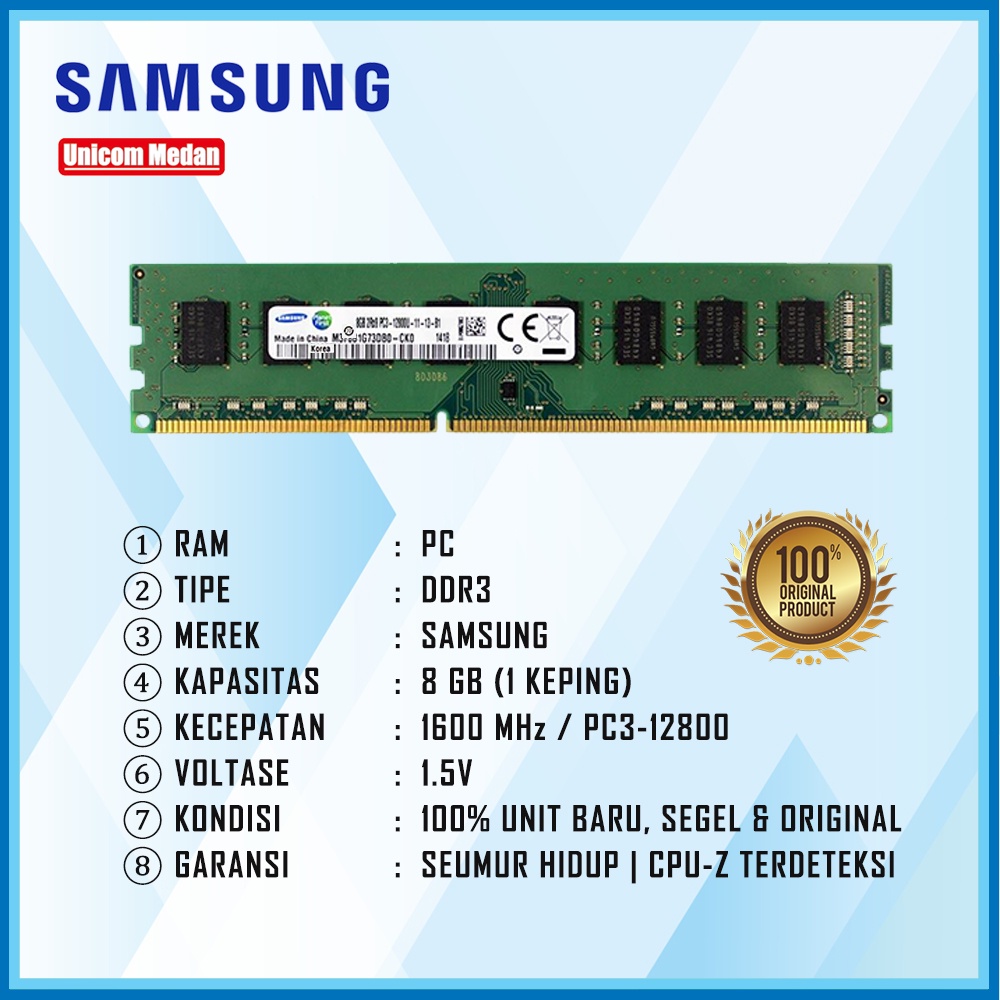 RAM PC DDR3 8GB 1600 MHZ PC3-12800 SAMSUNG