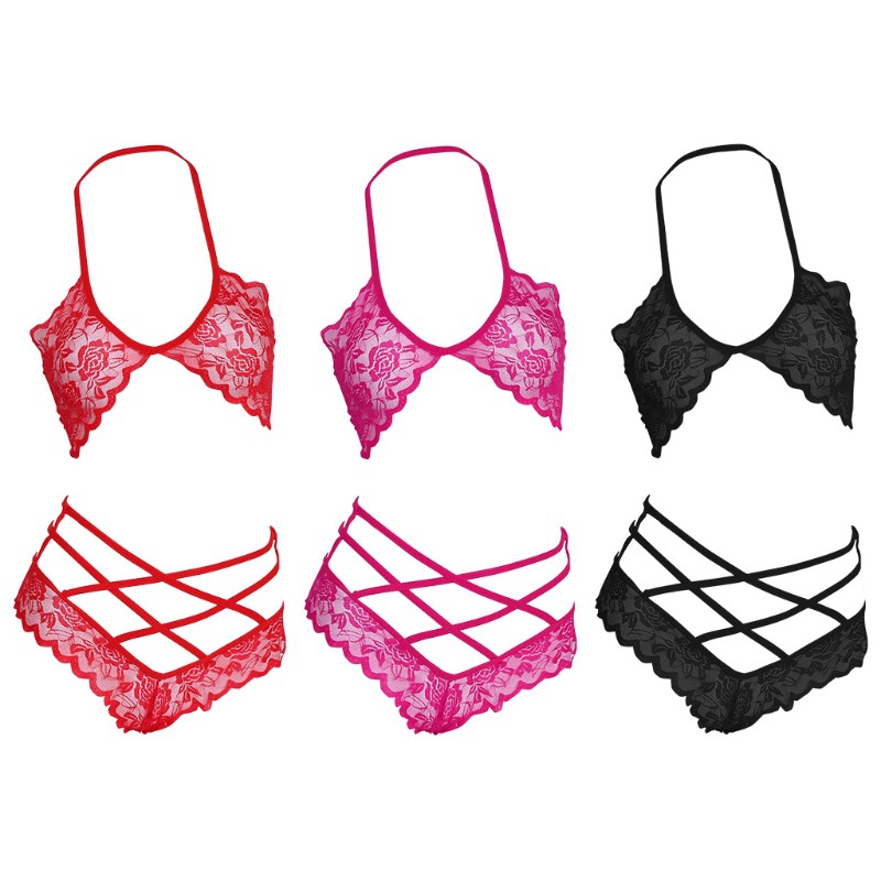 Women Woman Hollow Out Lace Top Bra + Cross Panty Underwear Lingerie Set 3 Warna