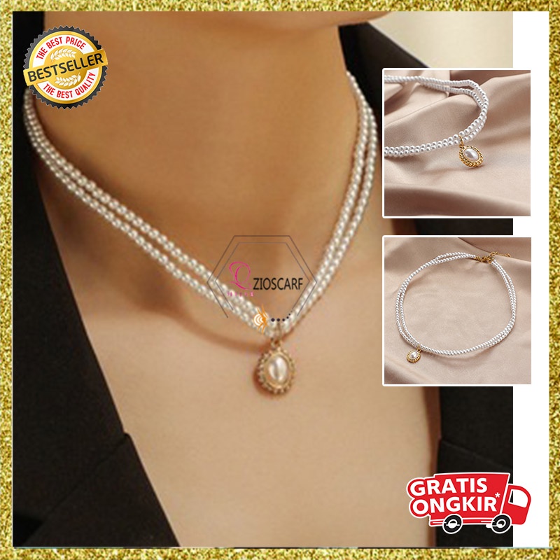 Kalung Titanium Wanita Mutiara Pearl 2 Layer Fashion Korea Aksesoris wanita fashion style kekinian KLG48