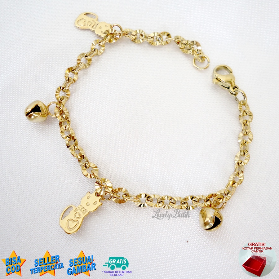 Lovelybutik Gelang Anak Perempuan Titanium Asli Anti Karat Gelang Tangan Anak Kitten Kecil Krincingan Rantai Nori Donat Ukuran 15 Cm BONUS TEMPAT PERHIASAN