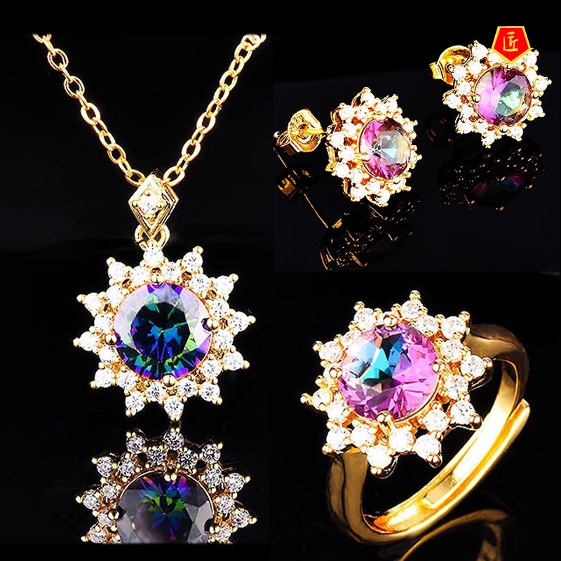 [Ready Stock]18K Gold Open Ring Snowflake Ear Stud Necklace Set