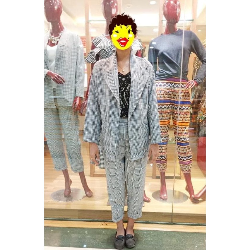 setelan blazer+celana big size kotak2 burberry katun tweed kmburberry