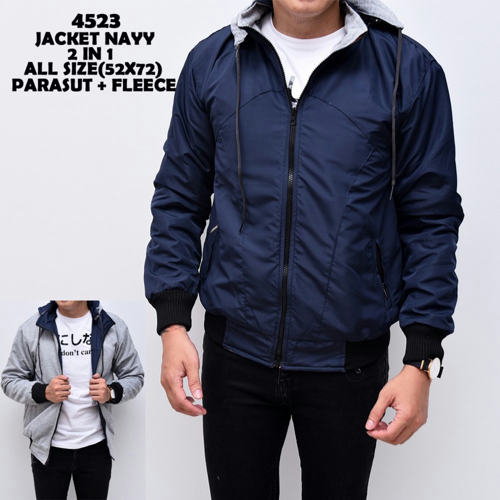 JAKET BOLAK BALIK 2IN1 JAKET MOTOR JAKET BB JAKET PARASUT JAKET PRIA WANITA JAKET DISTRO PRIA WANITA-DC NAVY - ABU M/L