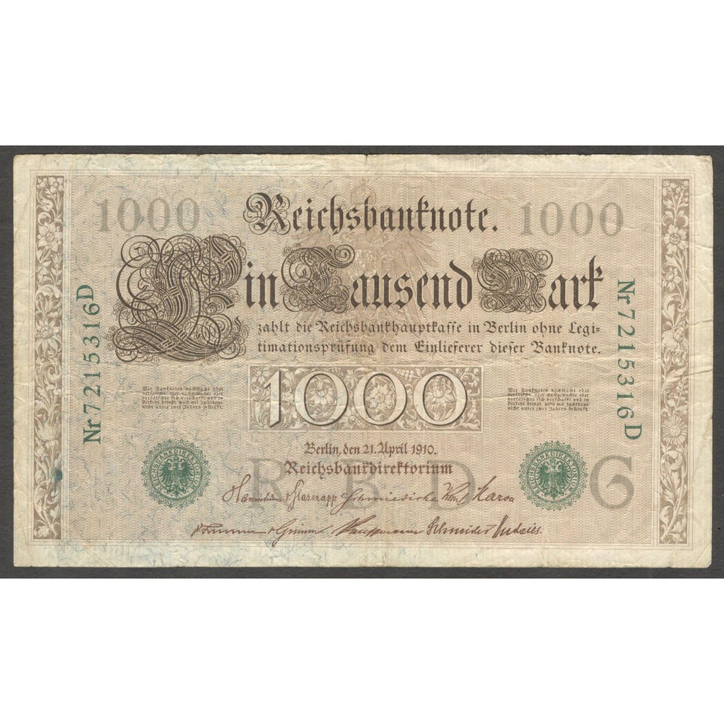 Uang Kertas Kuno Jerman Germany 1000 Mark 1910 VF Ukuran Uang Jumbo