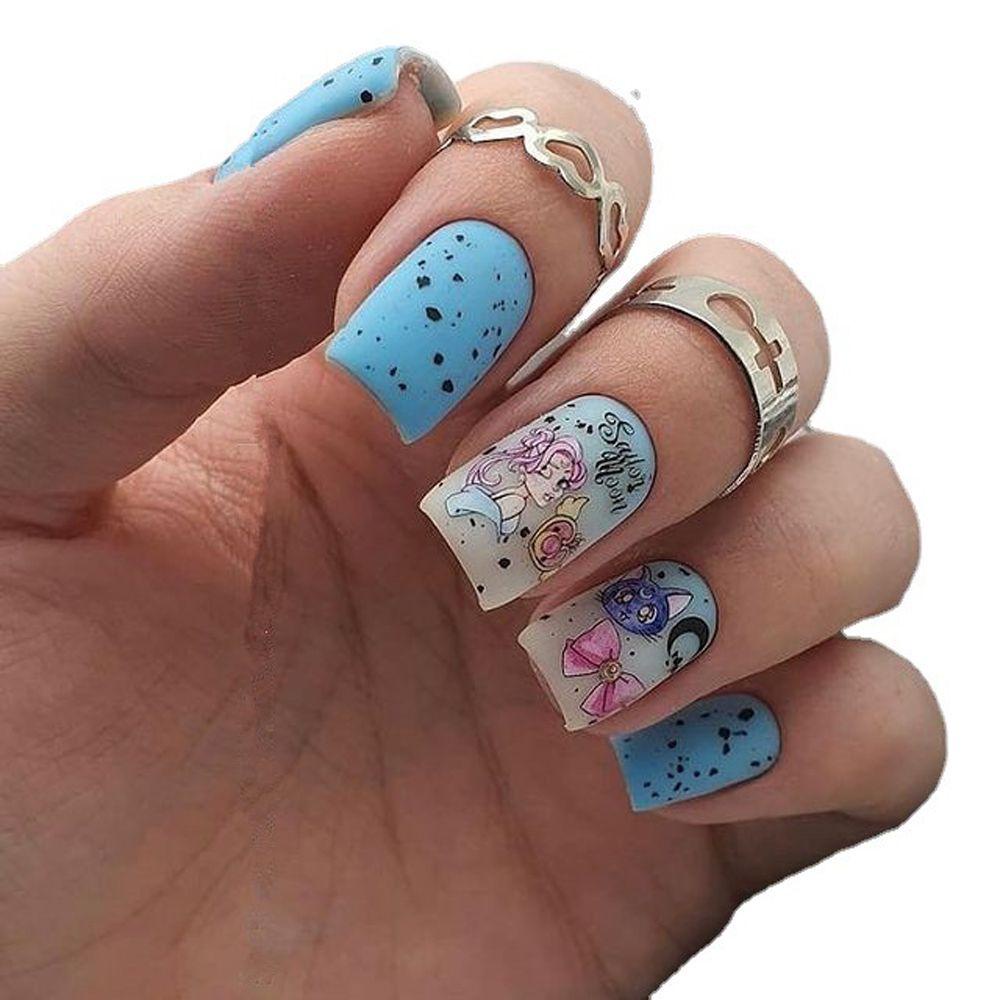 Mxbeauty Kartun Anime Nail Art Stiker Sailor Moon Lucu 1lembar Wanita Putri Salju Powerpuff Gadis Self-Adhesive Manicure Aksesoris Bebek Nail Tips Slider