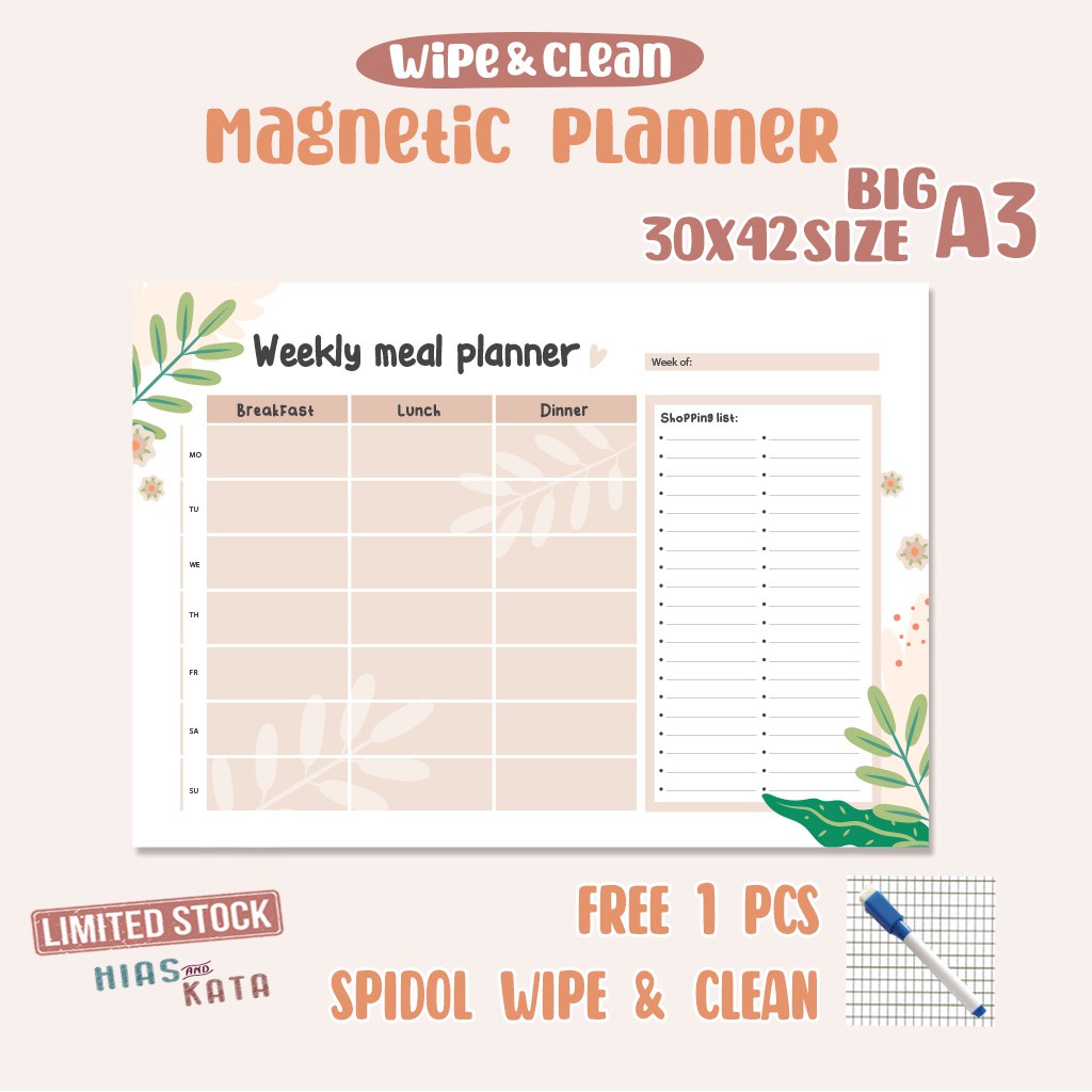 

magnetic meal planner agenda makan mingguan magnetic big size 30X42 ( free 1pcs spidol wipe & clean)