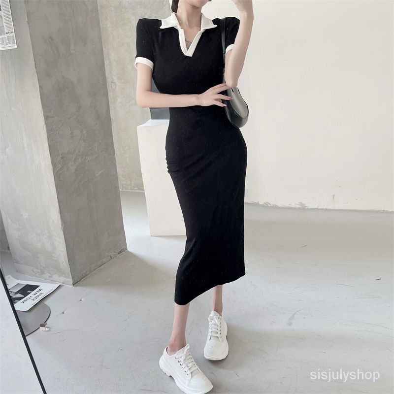 #Sisjuly# Gaun Kerah Polo Wanita Rok Panjang Ramping Ramping Baru Wanita