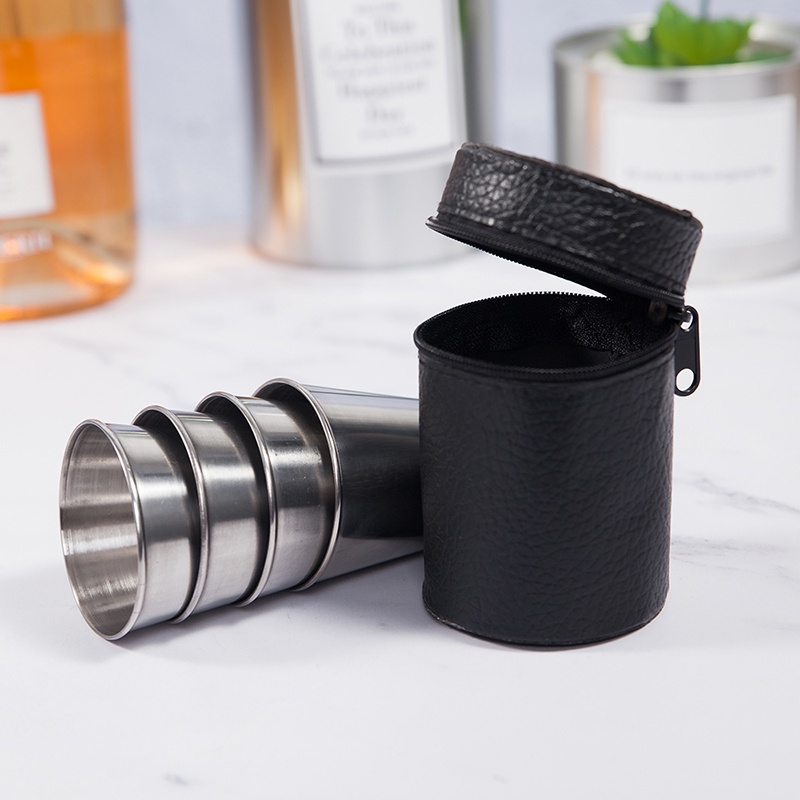 4Pcs/set Polished 30ML Mini Stainless Steel Shot Cup Wine Drinking Glasses With Leather Cover Bag For Home Kitchen Bar OWT