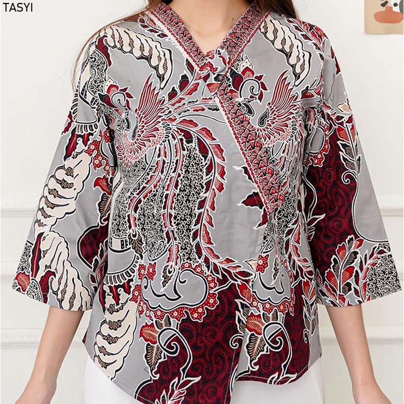 Evercloth Tasyi Atasan Batik Lengan Panjang Wanita Model Kimono Blouse Batik Perempuan Baju Batik Cewek Katun Stretch Premium Batik Couple Family Set Abu Grey Silver