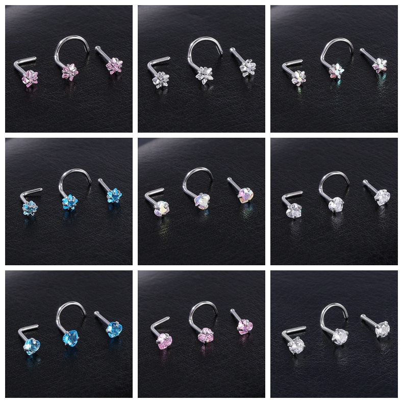 3-12Pcs/lot Color Crystal Nose Piercing Set 20G Stainless Steel Nose Studs 3mm L Shape S Shape Nostril Piercing Jewelry